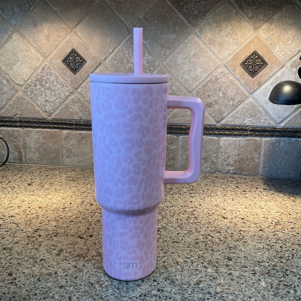 SlimPink Leopard-Print Insulated Travel Mug with Handle and Straw